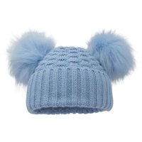H670-BB: Baby Blue Checked Hat w/Pom Poms (0-12m)